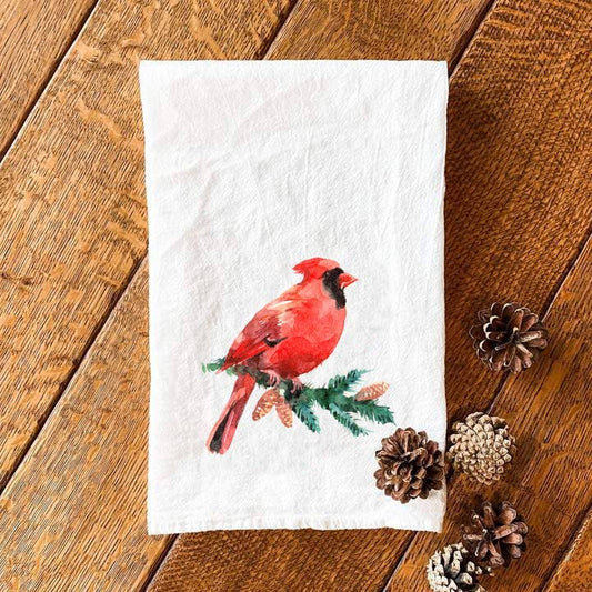 Cardinal on an Evergreen Branch Cotton Tea Towel