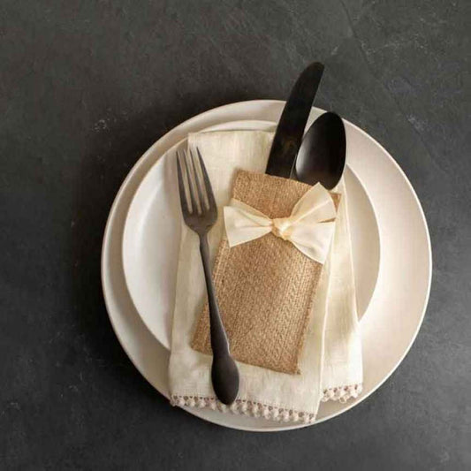 Boutique Silverware Pouches with Hand-Tied Cream Ribbon | Set of 8