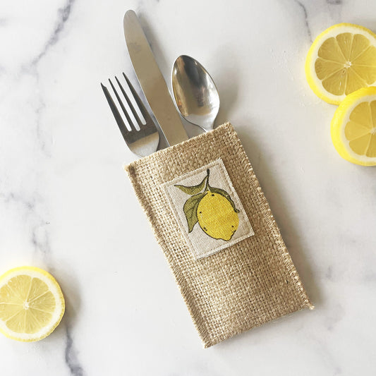Boutique Silverware Pouches with Lemon Patch | Set of 8