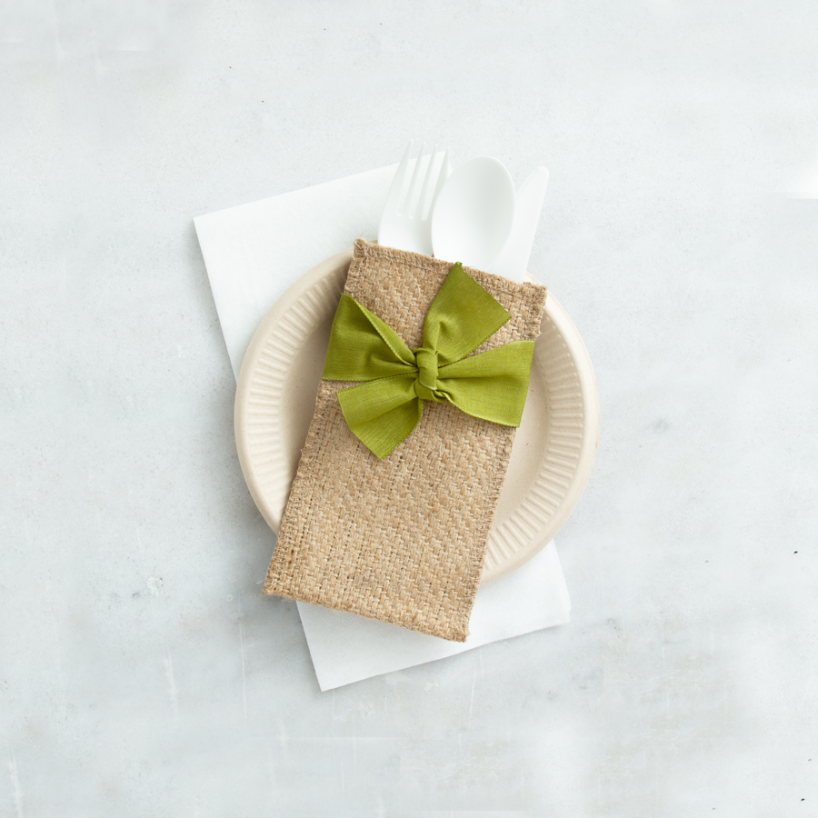 Boutique Silverware Pouch with Hand-Tied Green Ribbon | Set of 8