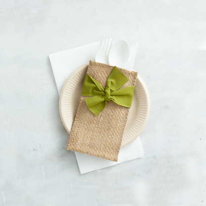 Boutique Silverware Pouch with Hand-Tied Green Ribbon | Set of 8