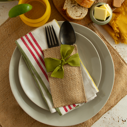 Boutique Silverware Pouch with Hand-Tied Green Ribbon | Set of 8