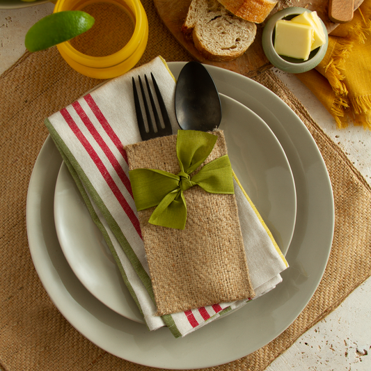 Boutique Silverware Pouch with Hand-Tied Green Ribbon | Set of 8