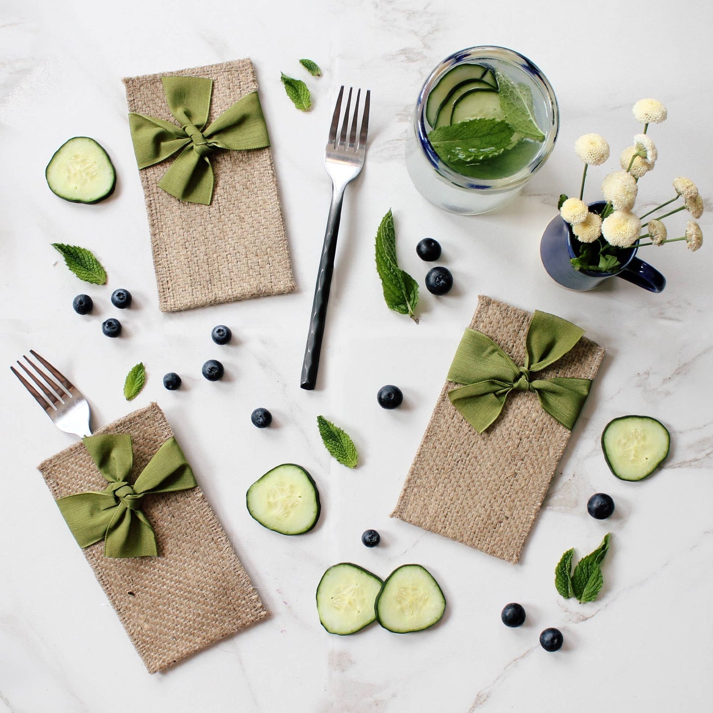 Boutique Silverware Pouch with Hand-Tied Green Ribbon | Set of 8