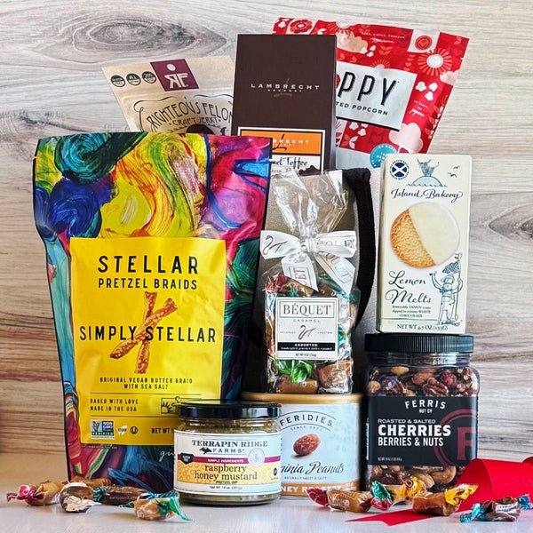 Snack tower and coffee gift box sized for an office break room
